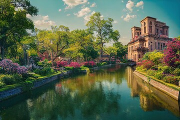 Fototapeta na wymiar wide-angle, beautiful canal winds through gorgeous complex of art deco brownstone temples, with with lush colourful gardens