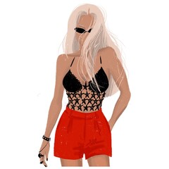 minimalistic illustration of a young blonde girl in red shorts for print style decoration 