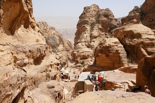 Colorful stalls with souvenirs on trail to Monastery of Petra, Jordan. Petra is considered one of seven new wonders of world and is world heritage site.