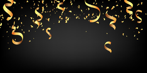 Gold twisted satin confetti serpentine falling from sky holiday, casino, winner, party, new year 3d vector banner design on black background