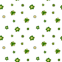 Vector pattern of flowers with rounded petals. Several shades of green. Seamless image on a transparent background.