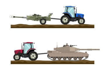 Tractor pulls the tank. Ukrainian farmer is towing a cannon. Isolated 3D image of a symbol of war. Military scene