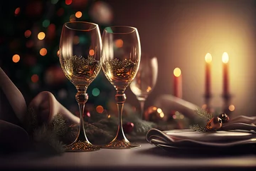 Fototapeten Romantisches Abendessen in weihnachtlicher Stimmung, Weihnachten Neujahrs-Toast, Illustration © Stephan