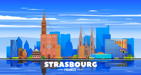 Strasbourg (France) city skyline vector at sky background. Flat vector illustration. Business travel and tourism concept with modern buildings. Image for banner or website.