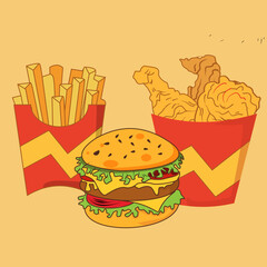 
illustration of burger, french fries and fried chicken for business banner, online shop