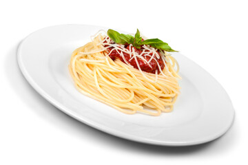 plate with spaghetti, sauce and basil on white background