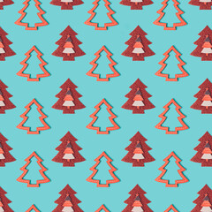 Christmas tree red ornaments pattern on a pastel blue background. Holiday spirit minimal template