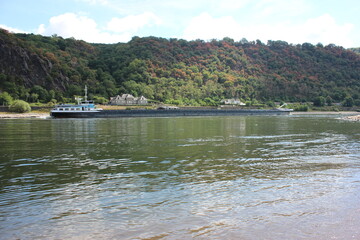 A freighter is sailing on the Rhine. Photo was taken on a sunny day in summer.