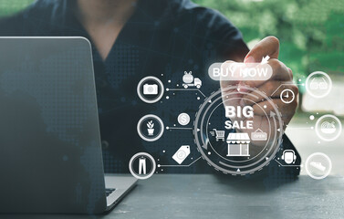 online shopping or digital store on laptop computer , products from e-shop with icons and goods,paying online and shopping on virtual interface global network, online banking and digital marketing