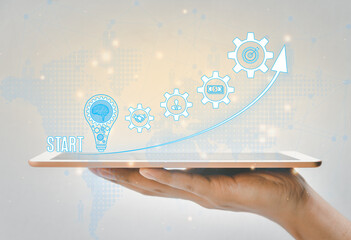 Startup concept network connection and icon business on virtual interface from digital tablet,icon bubble with data,showing symbol of entrepreneurship, fund, project plan a new small business.