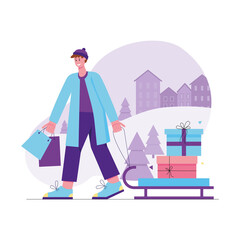 Christmas and winter activity modern flat concept. Happy man buys gifts and carries gift boxes on sled. Holiday celebration at wintertime. Illustration with people scene for web banner design