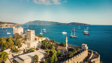 Castle of St. Peter Bodrum Marina, sailing boats and yachts in Bodrum, Turkey before earthquake