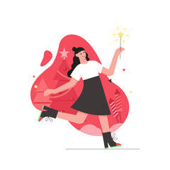 Christmas and winter activity modern flat concept. Happy woman holding sparklers and having fun at festive party. Holiday celebration. Illustration with people scene for web banner design