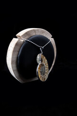 photos on a black background of a pendant made of fossilized ammonite
