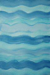 Obraz premium Blue sea or river waves watercolor pattern texture background hand drawing with brush on paper.