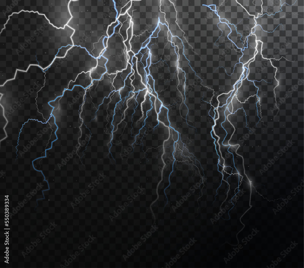 Poster Light white isolated vector lightning png. Magic light abstract lines. Realistic natural lightning effects.	