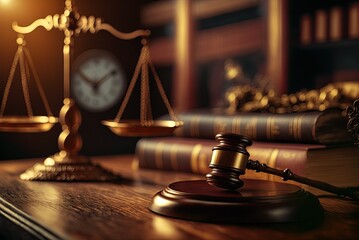 A close-up of a wooden lawyer table with a judge's gavel and a golden weight balance, with a library in the background. A idea of justice and law. - obrazy, fototapety, plakaty