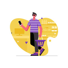 Customer shopping at store modern flat concept. Happy man with basket buying food in supermarket and looking at shopping list on smartphone. Illustration with people scene for web banner design