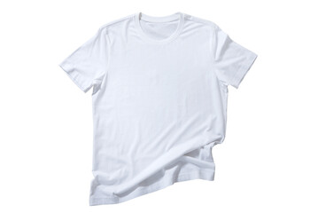 White shirt mockup isolated - pleated, wrinkled t-shirt on white background top view