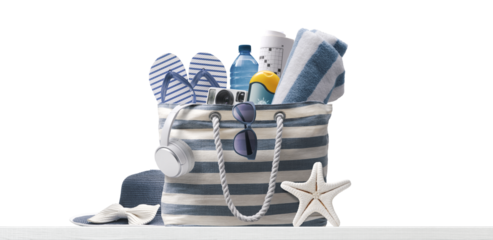 PNG file no background Beach bag with accessories and tropical beach