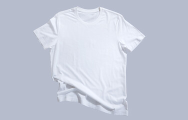 White shirt mockup isolated - pleated, wrinkled t-shirt on gray background top view