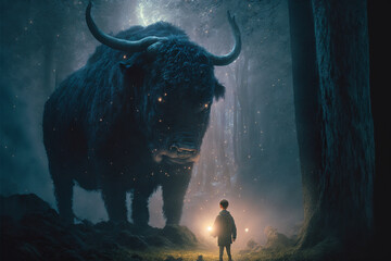 A kid with flashlight standing under a giant friendly furry buffalo - obrazy, fototapety, plakaty