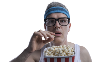 PNG file no background Funny guy watching movies and eating popcorn