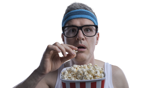PNG file no background Funny guy watching movies and eating popcorn