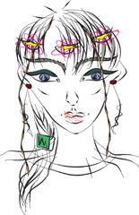 Hippie girl, Flower child, eye arrows makeup. Retro style, 60s
