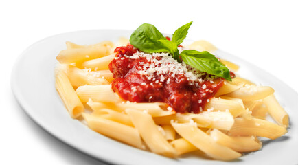 Pasta. Penne Pasta with Bolognese Sauce, Parmesan Cheese and Basil on a Fork. Italian Cuisine. Mediterranean food