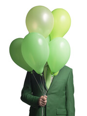 PNG file no background Businessman hiding behind balloons