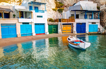 Picturesque village of Firopotamos with the traditional boat-garages called Syrmata, in Milos island, Greece