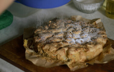 Ready apple pie Charlotte sprinkled with powdered sugar at home in the kitchen