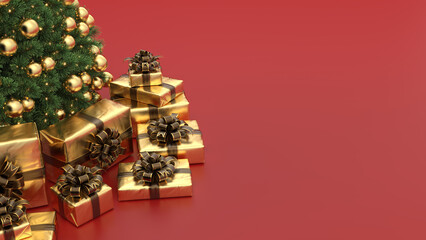 Christmas tree with golden decorations and gifts, on red background. Christmas background with copy space for text.
