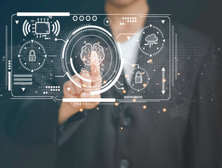 Business man points the brain. The idea of ​​inspiration from online technology. innovation idea concept.Smart thinking idea and inspiration innovation concept..