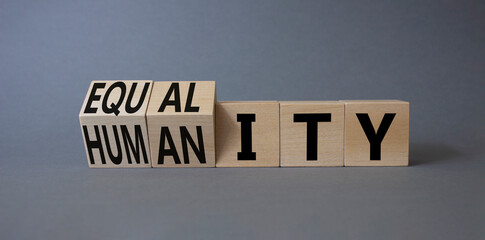 Equality and Humanity symbol. Turned cubes with words Equality and Humanity. Beautiful grey background. Business and Equality and Humanity concept. Copy space