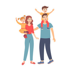 Happy family walking together outdoor. Vector illustration of parents and children holding hands. Fun family time