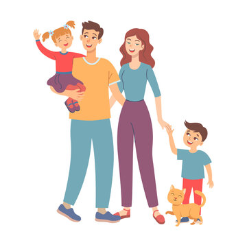Family walking together outdoor. Vector illustration of parents and children holding hands. Fun family time