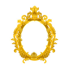 Oval gold mirror frame cartoon illustration. Old ornate rococo or retro blank frame for paintings, pictures or photos