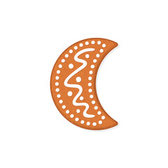 Christmas gingerbread cookie in shape of moon crescent. Flat vector illustration