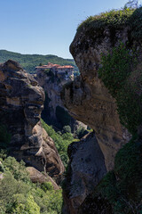 Stunning mountain landscape with Varlaam monastery. Meteora Kalambaka Greece. Travel, hiking, vacation. Famous Greek orthodox christian shrine, unique rock formation, Unesco world heritage site.