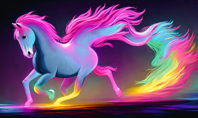 This portrait of a horse is rendered in a bold, modern style, with neon lights illuminating the subject from various angles. Generative AI