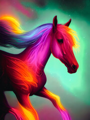 Naklejka na ściany i meble This portrait of a horse is rendered in a bold, modern style, with neon lights illuminating the subject from various angles. Generative AI
