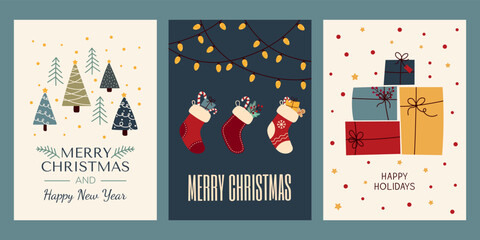 A set of greeting cards for Christmas and the New Year. Postcards with gifts, Christmas socks, Christmas tree and winter elements. Christmas and New Year posters. Happy Holidays!