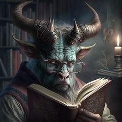 Demon with big horns and glasses reading in a magic book