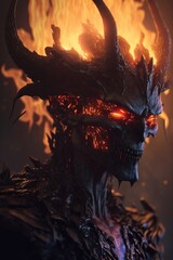 Unreal demonic character lighted with fire