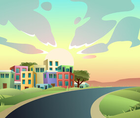 Road near Small cozy town. Summer sunrise and rays. Homes and offices. Cartoon fun style. Flat design. Vector.