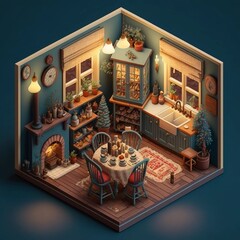 isometric diorama of the interior of a home decorated for the winter holidays