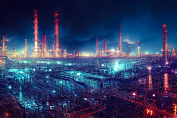 Floodlit industrial oil refinery factory in the night with glowing lights of blue and red. Chemicals warehouse with pipelines and smokestacks with raising smoke. Concept of pollution and gas price.