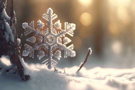 Extreme close-up of a snowflake in a winter snowy environment at sunset. Snow-covered pine trees in mountain locations with the snow of winter. 3D illustration of Christmas time.